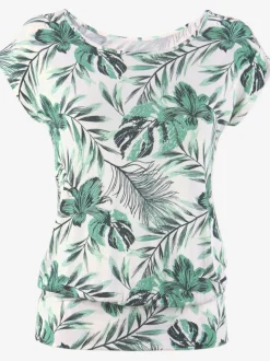 T-shirt à encolure large à motifs feuilles et manches courtes
