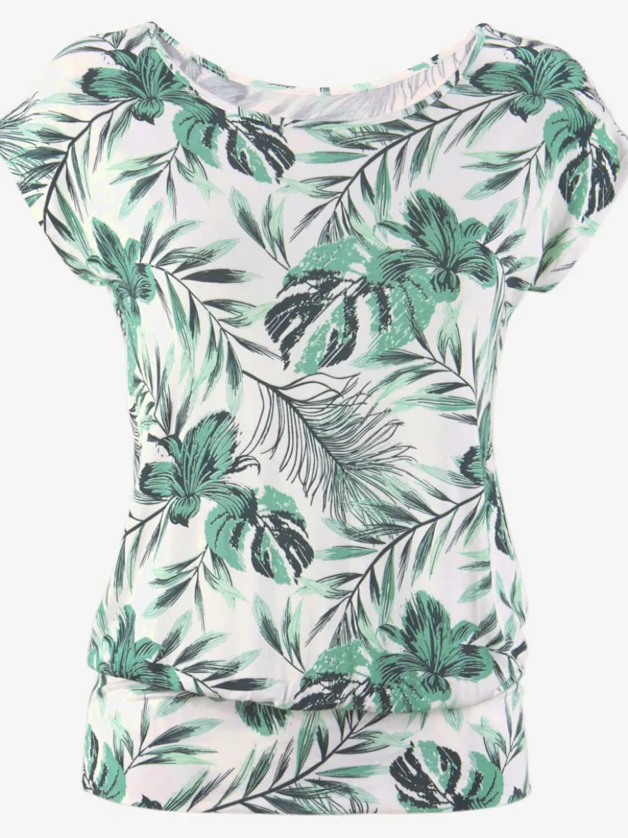 T-shirt à encolure large à motifs feuilles et manches courtes