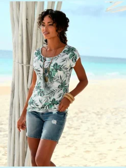 T-shirt à encolure large à motifs feuilles et manches courtes