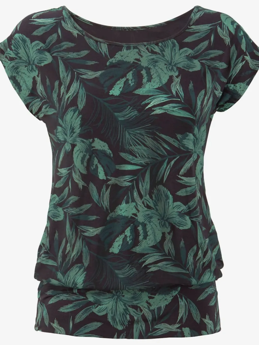 T-shirt à encolure large à motifs feuilles et manches courtes