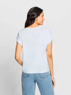 T-shirt à encolure ronde avec broderie ajourée et manches courtes