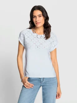 T-shirt à encolure ronde avec broderie ajourée et manches courtes