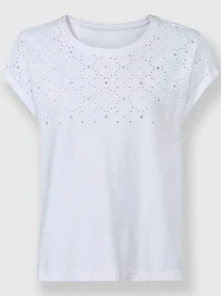 T-shirt à encolure ronde avec broderie ajourée et manches courtes