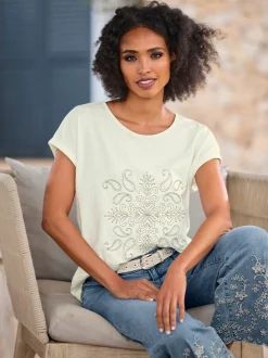 T-shirt à encolure ronde avec broderie ornementale et manches courtes