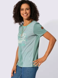 T-shirt à encolure ronde avec imprimé bicolore et rayures