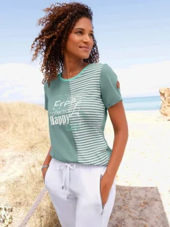 T-shirt à encolure ronde avec imprimé bicolore et rayures