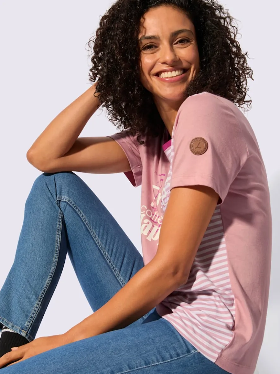 T-shirt à encolure ronde avec imprimé bicolore et rayures