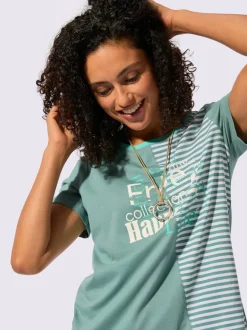 T-shirt à encolure ronde avec imprimé bicolore et rayures