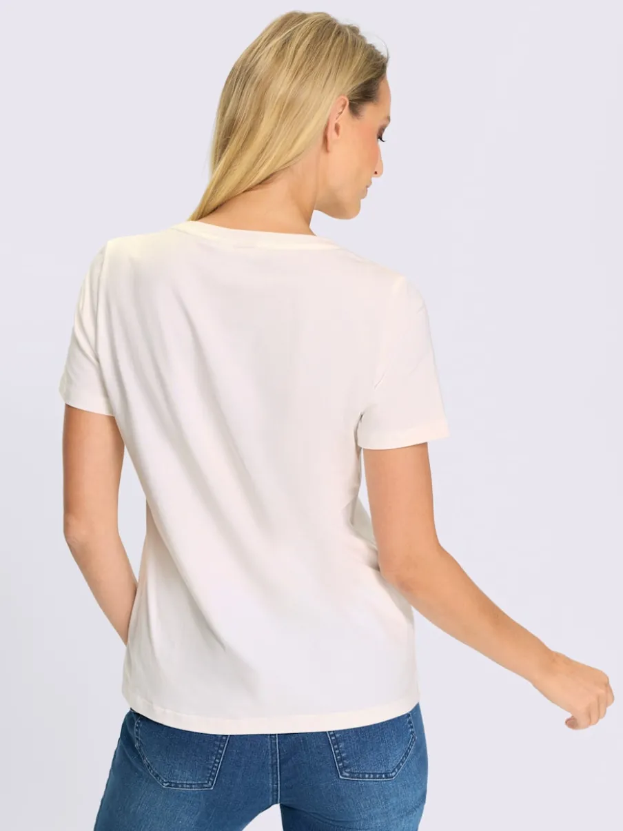 T-shirt à encolure ronde avec inscription et motif rayé