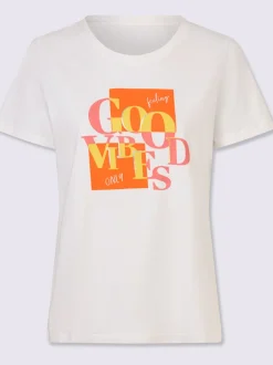 T-shirt à encolure ronde avec inscription et motif rayé