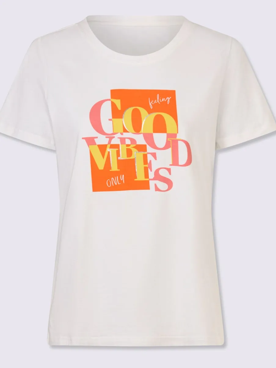 T-shirt à encolure ronde avec inscription et motif rayé