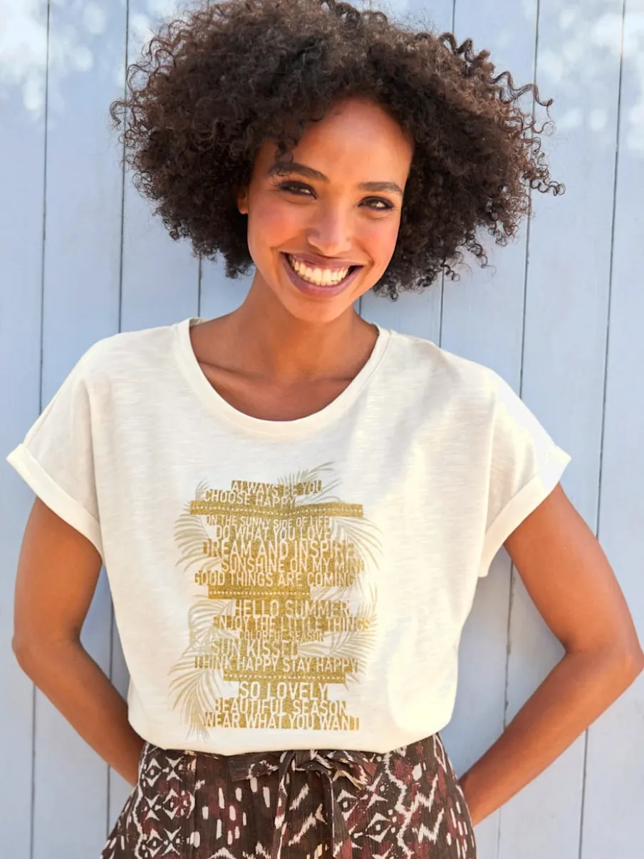 T-shirt à encolure ronde avec lettrage moderne paillettes