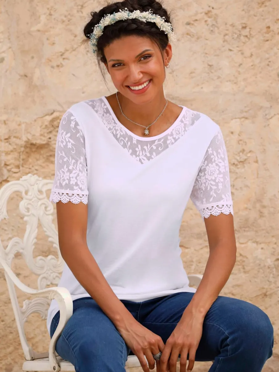 T-shirt à encolure ronde avec manches courtes en dentelle