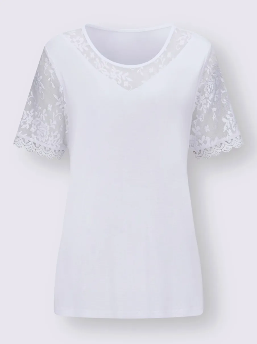 T-shirt à encolure ronde avec manches courtes en dentelle