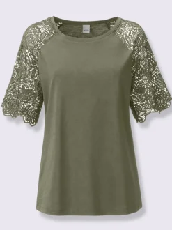 T-shirt à encolure ronde avec manches en dentelle transparente