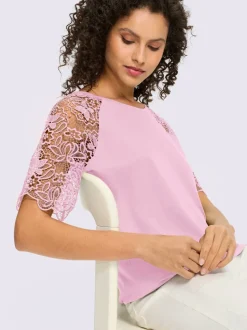 T-shirt à encolure ronde avec manches en dentelle transparente