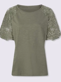 T-shirt à encolure ronde avec manches en dentelle transparente
