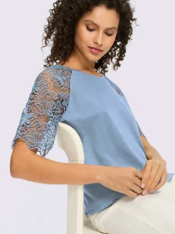 T-shirt à encolure ronde avec manches en dentelle transparente