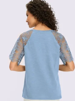 T-shirt à encolure ronde avec manches en dentelle transparente