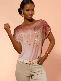 T-shirt à encolure ronde avec motifs graphiques en or