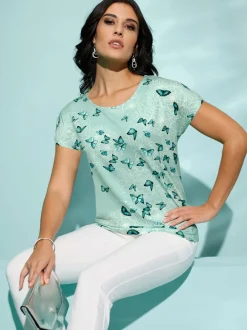 T-shirt à encolure ronde avec motif papillons mancherons