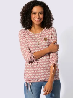 T-shirt à encolure ronde avec motif géométrique et manches 3/4 froncées