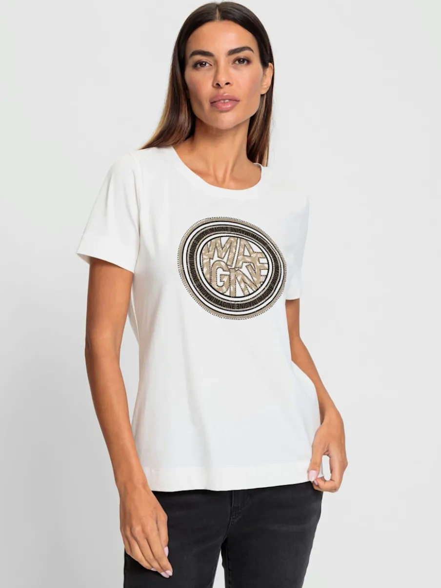 T-shirt à encolure ronde avec motif moderne et pierres