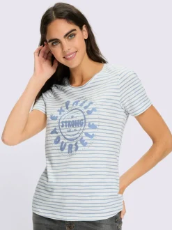 T-shirt à encolure ronde avec rayures et inscription en pierres fantaisie
