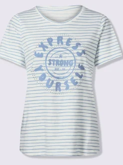 T-shirt à encolure ronde avec rayures et inscription en pierres fantaisie