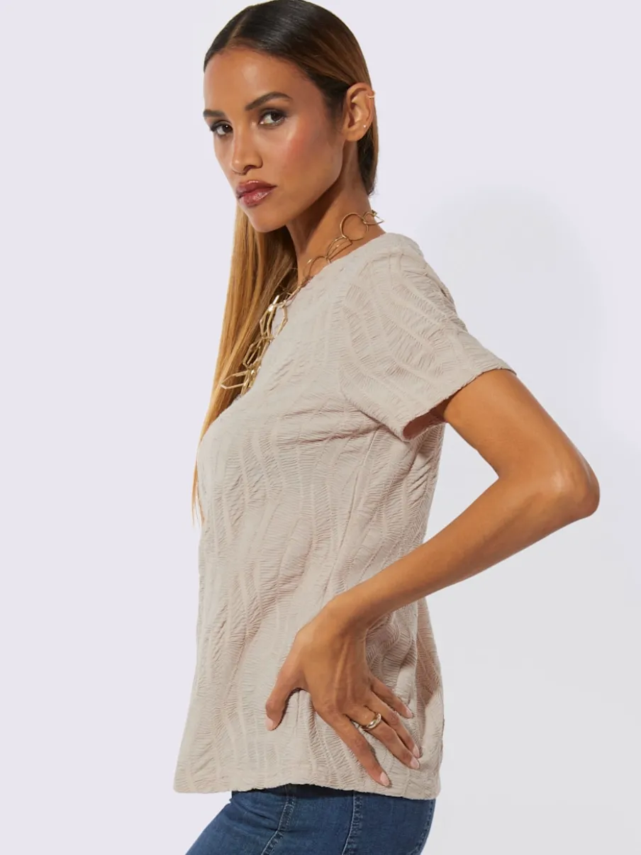 T-shirt à encolure ronde avec structure jacquard et manches courtes