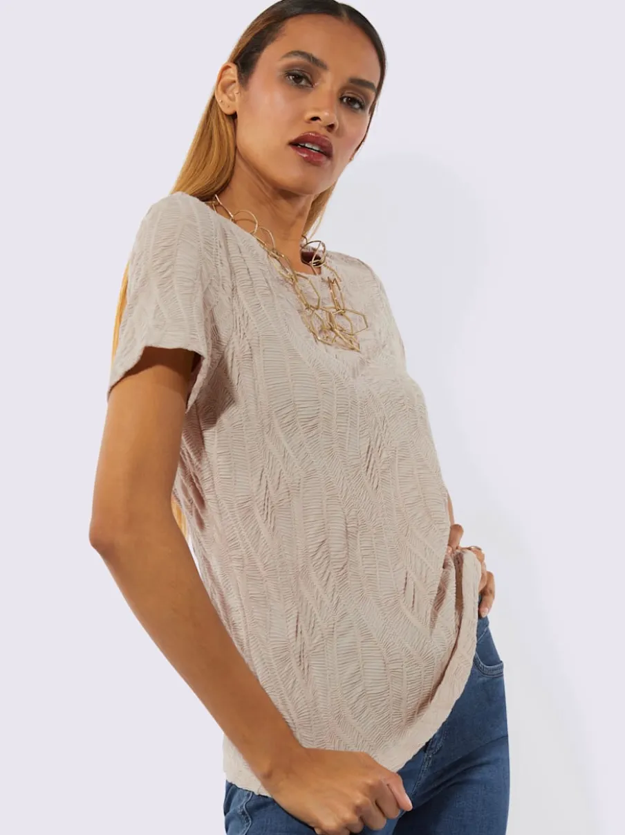 T-shirt à encolure ronde avec structure jacquard et manches courtes