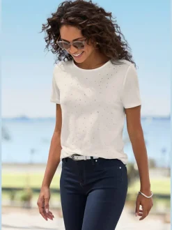 T-shirt à encolure ronde avec strass scintillants et manches courtes