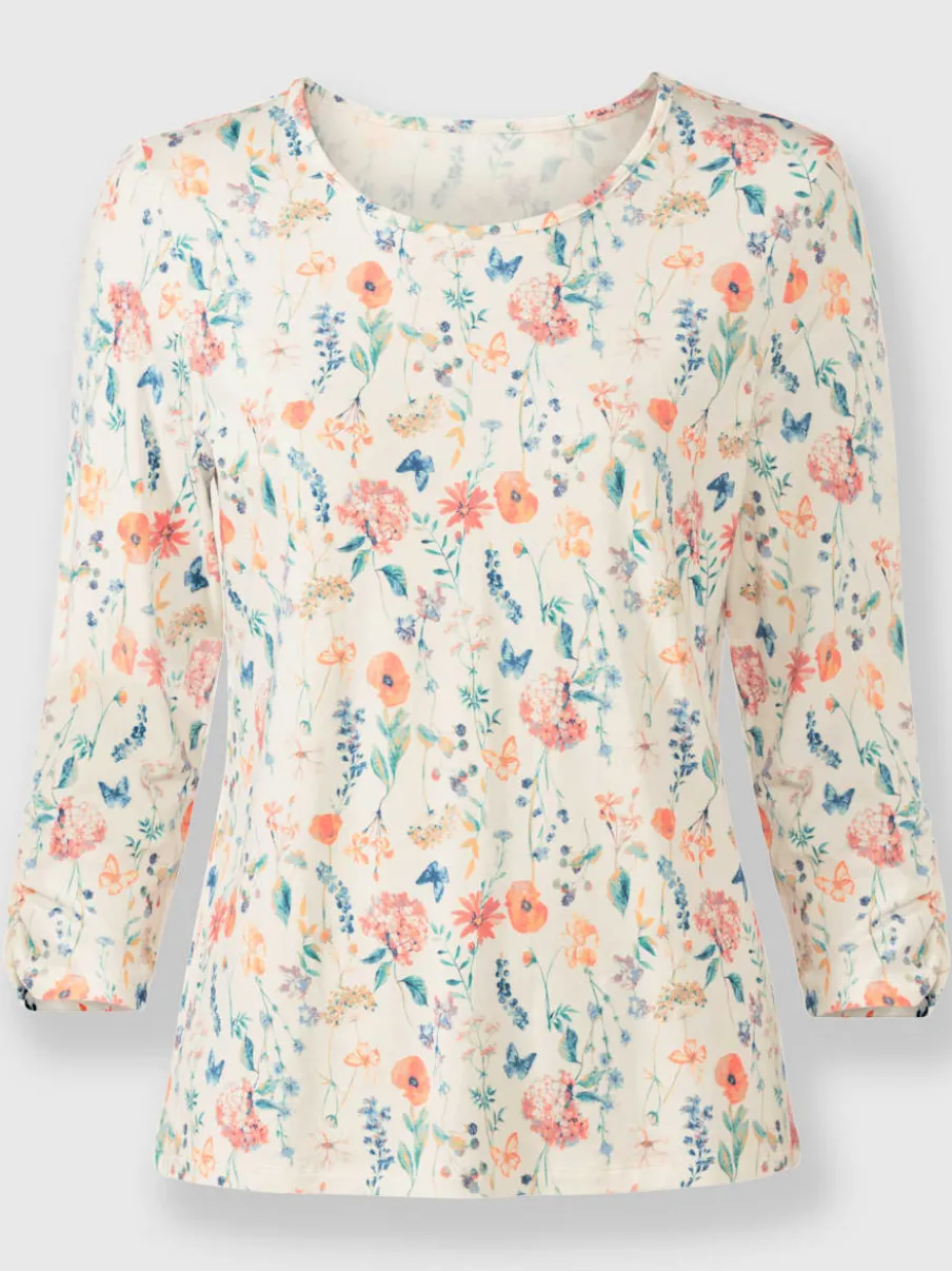 T-shirt à encolure ronde et manches 3/4 avec motif floral