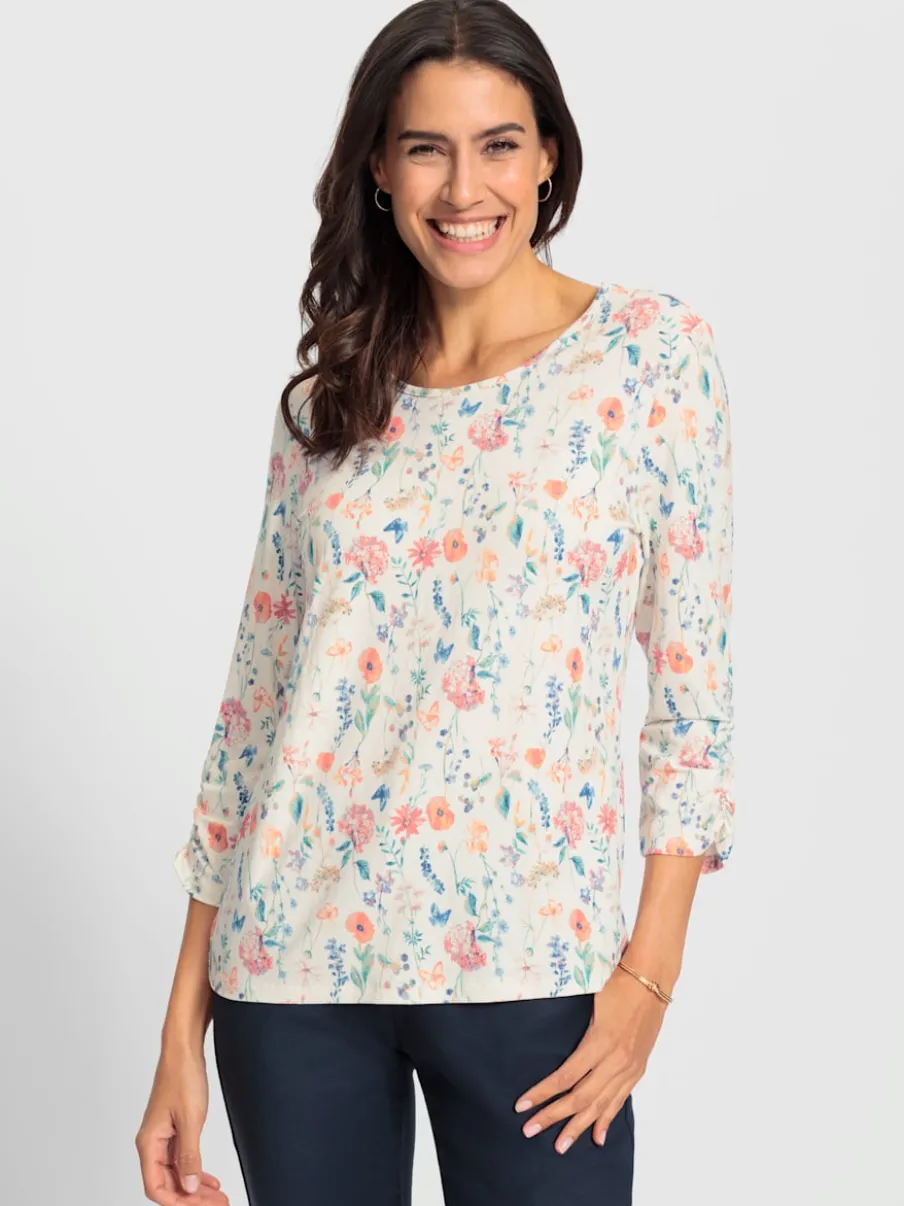 T-shirt à encolure ronde et manches 3/4 avec motif floral