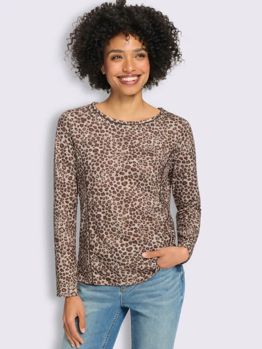 T-shirt à encolure ronde et manches longues avec motif léopard