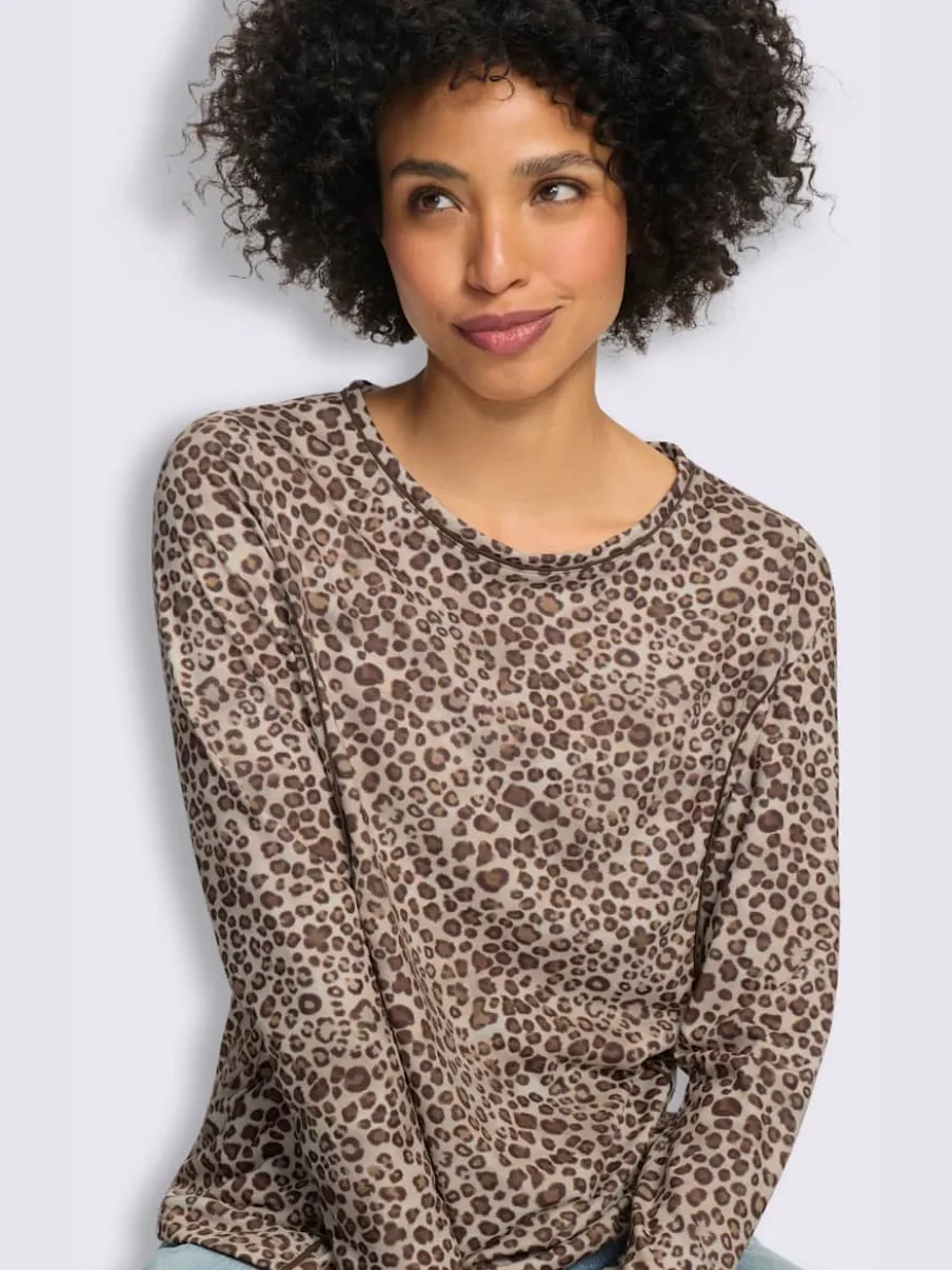 T-shirt à encolure ronde et manches longues avec motif léopard