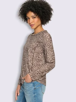 T-shirt à encolure ronde et manches longues avec motif léopard