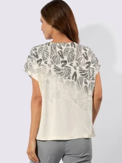 T-shirt à encolure ronde imprimé feuilles avec mancherons