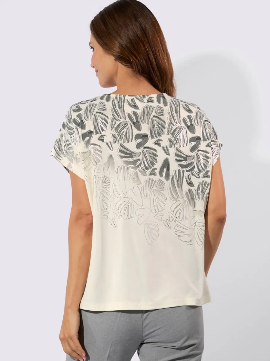 T-shirt à encolure ronde imprimé feuilles avec mancherons
