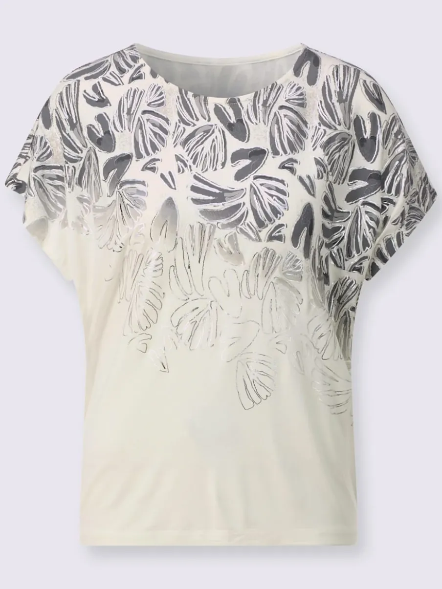 T-shirt à encolure ronde imprimé feuilles avec mancherons