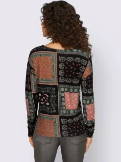 T-shirt à encolure ronde manches longues motif patchwork