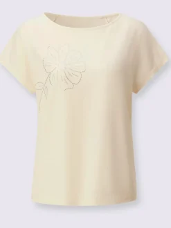 T-shirt à encolure U avec fleur en pierres brillantes