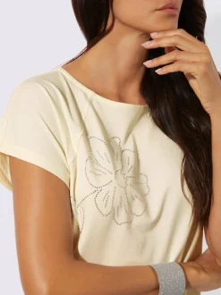 T-shirt à encolure U avec fleur en pierres brillantes