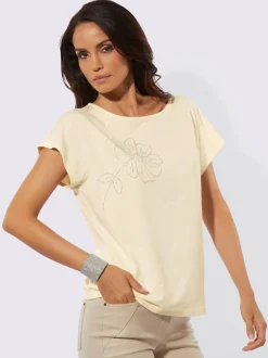 T-shirt à encolure U avec fleur en pierres brillantes