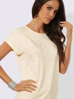 T-shirt à encolure U avec fleur en pierres brillantes