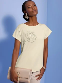 T-shirt à encolure U avec fleur en pierres brillantes