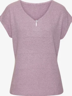 T-shirt à encolure V avec bouton brillant et strass