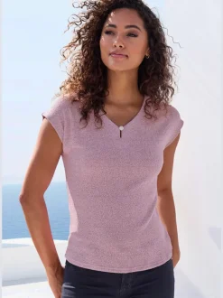 T-shirt à encolure V avec bouton brillant et strass