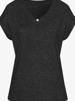 T-shirt à encolure V avec bouton brillant et strass