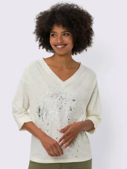 T-shirt encolure V à imprimé lumineux et manches 3/4